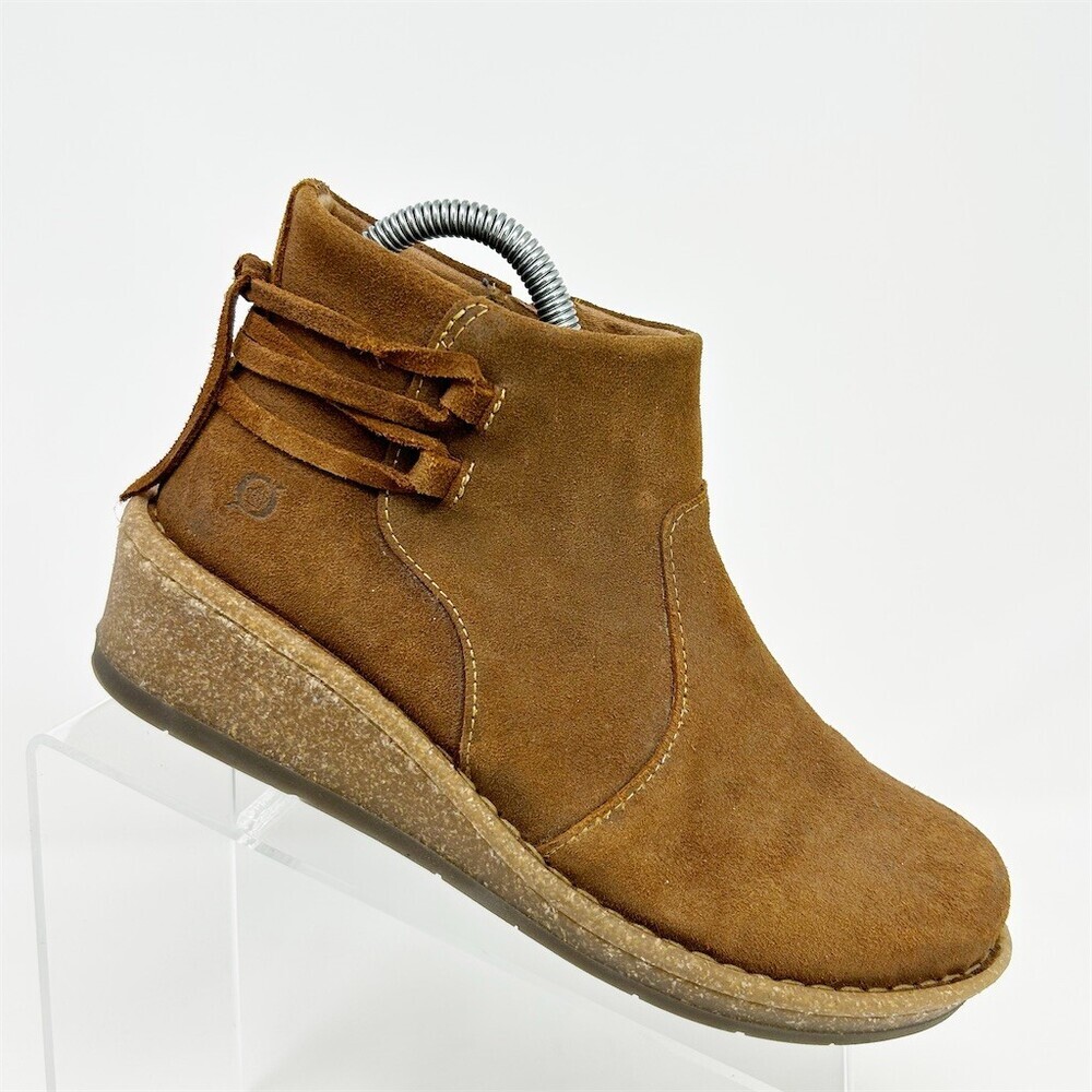 Born Womens Brown Ankle Booties Wedge Heel Side Zip Round Toe Size 7